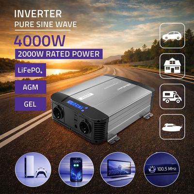 3. Qoltec Przetwornica napięcia Pure Sine Wave | 12V na 230V | 2000/4000W | LCD | USB | USB-C | Kompatybilna z LiFePO4 GEL AGM