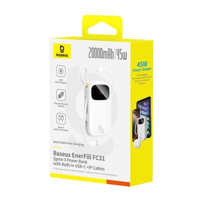 3. Powerbank Baseus EnerFill FC31 20000mAh 45W z wyświetlaczem cyfrowym i 2 wbudowanymi kablami (USB-C + Lightning) - biały