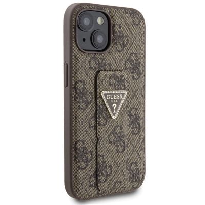 4. Etui Guess Grip Stand 4G Triangle Strass na iPhone 15 - brązowe