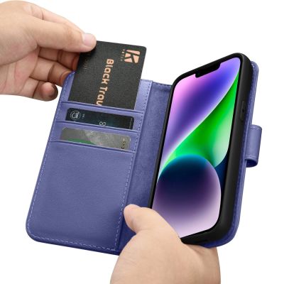 16. iCarer Wallet Case 2in1 etui iPhone 14 Plus skórzany pokrowiec z klapką Anti-RFID jasnofioletowy (WMI14220727-LP)