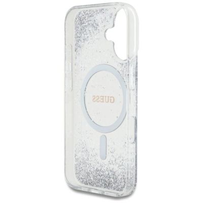 7. Etui Guess HC Resin Bottom Glitter MagSafe na iPhone 16 - srebrne