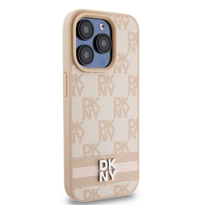 4. Etui DKNY Leather Checkered Mono Pattern & Printed Stripes na iPhone 15 Pro Max - różowe