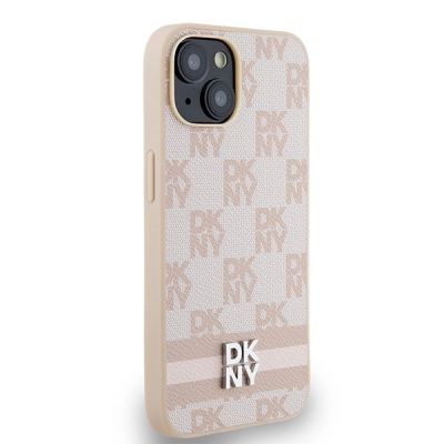 4. Etui DKNY Leather Checkered Mono Pattern & Printed Stripes na iPhone 15 Plus / 14 Plus - różowe