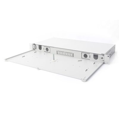 6. Panel krosowy FO bez płyty czołowej 19'' 1U, wysuwany, dławnica PG13.5 i PG16, opaski/uchwyty, szary