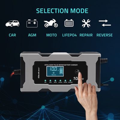 2. QOLTEC ŁADOWARKA 12V 10A | PROSTOWNIK Z FUNKCJĄ NAPRAWY DO AKUMULATORA AGM GEL LIFEPO4 | LCD
