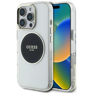 Etui Guess IML Metal Colored Circle Classic Logo MagSafe na iPhone 16 Pro - czarne