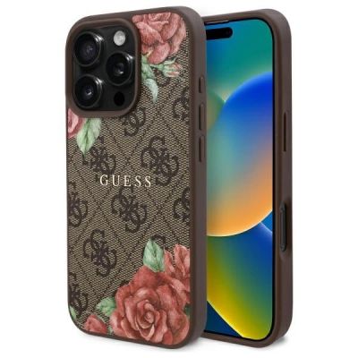 Etui Guess 4G Flowers Print MagSafe na iPhone 16 Pro Max 6.9" - brązowe