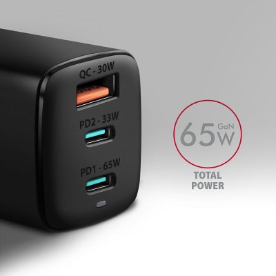 2. AXAGON ACU-DPQ65 Ładowarka sieciowa, GaN 65W, 3x port (USB-A + dual USB-C), PD3.0/QC4+/PPS/Apple