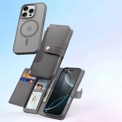 3. Etui skórzane Dux Ducis Lawa na iPhone 16 Pro Max z odłączanym portfelem magnetycznym - szare