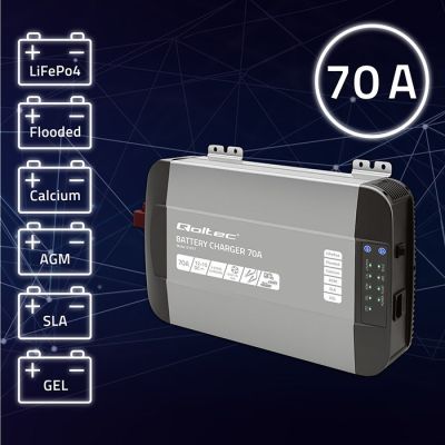 13. Inteligentna profesjonalna ładowarka Qoltec Monolith 51917 do akumulatorów LiFePO4 AGM GEL SLA | 70A | 12V | Szybkie ładowanie