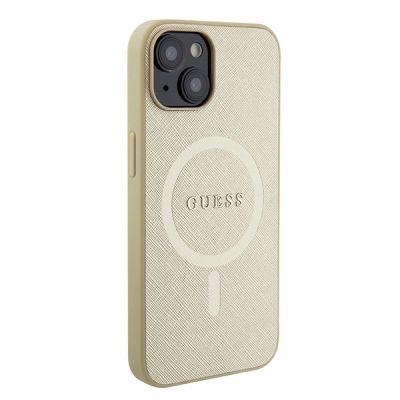 4. Etui Guess Saffiano MagSafe do iPhone 15 Plus - złote