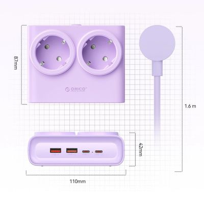 5. Listwa zasilająca Orico PDC25 25W 6w1 2x AC + 2x USB-A + 2x USB-C - fioletowa