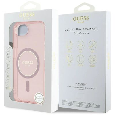 8. Etui Guess IML Glitter Circle MagSafe na iPhone 16e - różowe