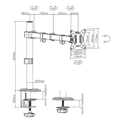 9. GEMBIRD BIURKOWE REGULOWANE RAMIĘ/UCHWYT NA MONITOR 17-32, VESA 100X100MM, DO 9KG