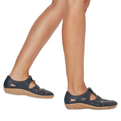 5. Skórzane półbuty damskie ażurowe komfortowe na rzep czarne Rieker 44852-14