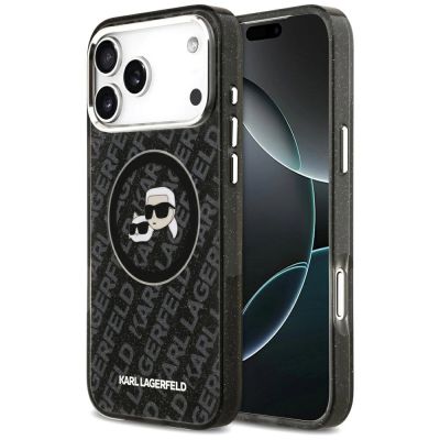 Etui Karl Lagerfeld IML Glitter Karl&Choupette Heads Logo MagSafe na iPhone 17 Pro Max - czarne