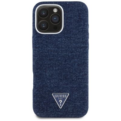 3. Etui Guess Denim Triangle Logo MagSafe na iPhone 16 Pro - niebieskie