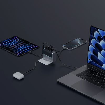8. Ładowarka sieciowa Cuktech AD1404UEU 140 W GaN 3x USB-C + USB-A z kablem USB-C - szara