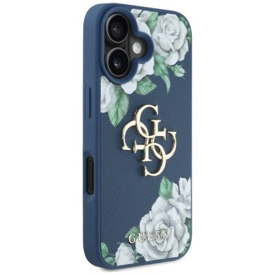 4. Etui Guess Grained Roses Big 4G logo na iPhone 16 - niebieskie