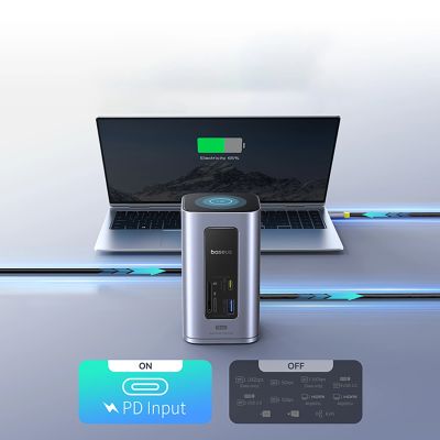 13. Stacja dokująca Baseus NU1 Air Spacemate hub 12w1 USB-C - 2xHDMI 4K@60Hz 2xUSB-C 10Gb/s 2xUSB-A 5Gb/s 2xUSB-A (480Mb/s) RJ45 SD/microSD 3.0 USB-C (PD) - szara