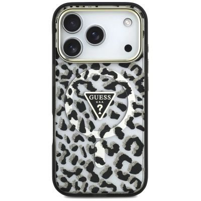 3. Etui Guess IML Leopard Glitter Triangle Logo MagSafe na iPhone 17 Pro / 18 Pro - czarne