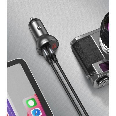12. Baseus ładowarka samochodowa 2x USB 4,8A 24W z LCD + kabel 3w1 USB - USB Typ C / micro USB / Lightning 1,2m czarny (TZCCBX-0G)