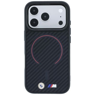 3. Etui BMW M Kevlar Red Print Ring Metal Logo MagSafe na iPhone 18 Pro Max / 17 Pro Max - czarne