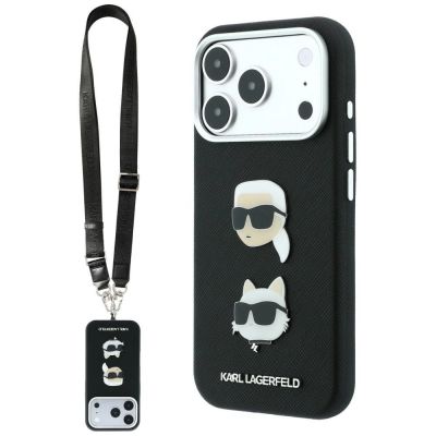 Etui Karl Lagerfeld Saffiano Karl&Choupette Heads Pins Strap Logo na iPhone 18 Pro / 17 Pro - czarne
