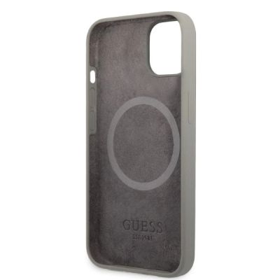 7. Etui Guess Silicone Logo Plate MagSafe na iPhone 13 mini - szare