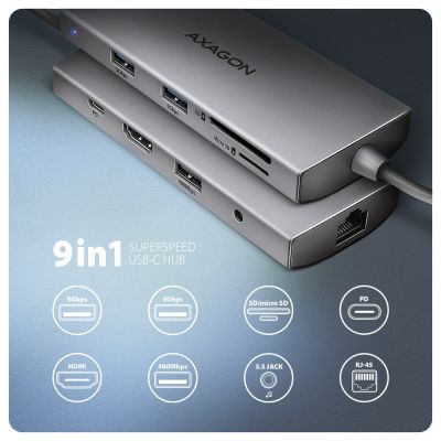 2. AXAGON HMC-8HLSA Wieloportowy koncentrator USB-C 3.2 Gen 1, 3x USB-A + 4K/60Hz HDMI + SD/microSD, Gigabit LAN, Audio, PD 100W - Srebrny