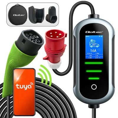 2. Qoltec Mobilna ładowarka do samochodu elektrycznego EV i hybryd z regulacją 2w1 Typ2 | 11kW | 400V | CEE 16A | Wi-fi | TUYA | SMART LIFE | LCD | Przenośna | Wallbox | 5m