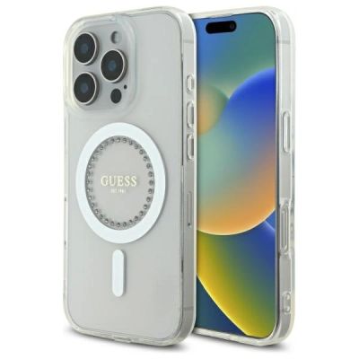 Etui Guess IML Rhinestones MagSafe na iPhone 16 Pro - białe