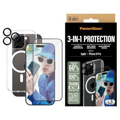 Zestaw PanzerGlass Bundle 3in1 etui przezroczyste + folia + szkło na aparat na iPhone 16 Pro