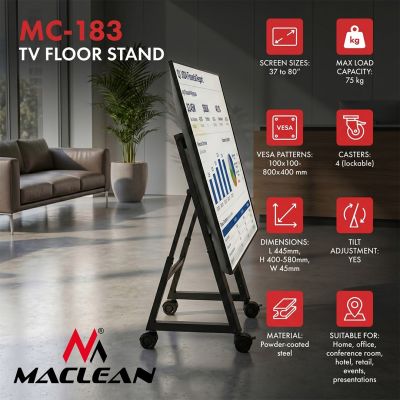 2. Wózek / stojak podłogowy do TV Maclean, 37-80", max. VESA 800x400, max. 75kg, mobilny, blokada kół, MC-183