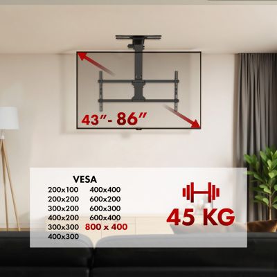 10. Uchwyt elektryczny do TV Maclean, sufitowy, obsługa Tuya, max. VESA 800x400, reg. w poz. +90°~-90°, dla TV 43-86", max. 45kg, MC-109 T