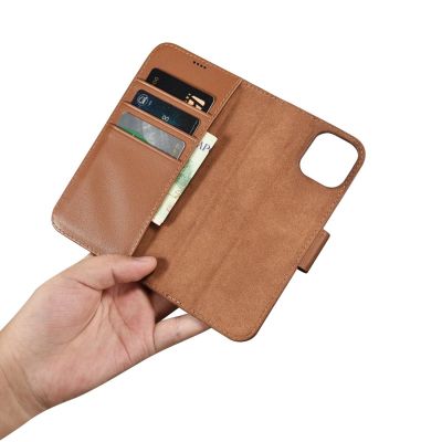 13. iCarer Wallet Case 2in1 etui iPhone 14 Plus skórzany pokrowiec z klapką Anti-RFID brązowy (WMI14220727-BN)