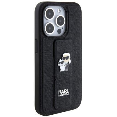 4. Etui Karl Lagerfeld Gripstand Saffiano Karl&Choupette Pins na iPhone 14 Pro - czarne