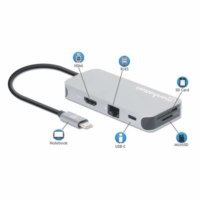 10. Stacja dokująca MANHATTAN USB-C 8 w 1 z zasilaniem USB 3.2 Gen 1 Type-C męski na żeński HDMI, trzy porty USB-A, gigabitowy port RJ45, port USB-C Power Delivery, czytnik kart SD/MicroSD, aluminium, gwiezdna szarość (13061)