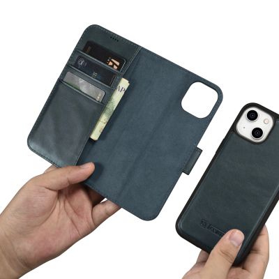 11. iCarer Oil Wax Wallet Case 2in1 etui iPhone 14 skórzany pokrowiec z klapką Anti-RFID niebieski (WMI14220721-BU)