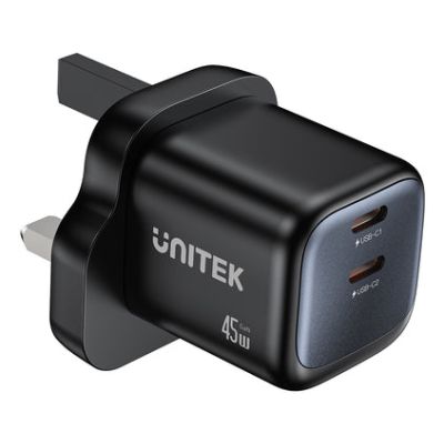 29. UNITEK ŁADOW. SIECIOWA 2X GAN 45W, 2XUSB-C PD 3.0, QC, CZARNA