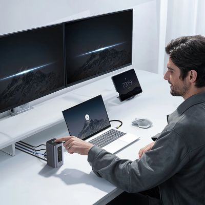 18. Stacja dokująca Baseus NU1 Air Spacemate hub 12w1 USB-C - 2xHDMI 4K@60Hz 2xUSB-C 10Gb/s 2xUSB-A 5Gb/s 2xUSB-A (480Mb/s) RJ45 SD/microSD 3.0 USB-C (PD) - szara
