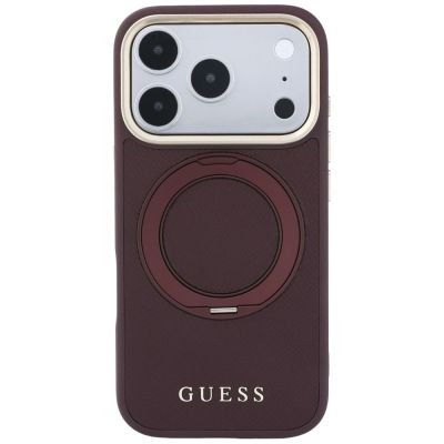 3. Etui Guess Ring Stand 360 Grained Classic Logo MagSafe na iPhone 18 Pro / 17 Pro - burgundowe