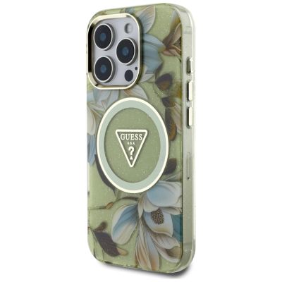 2. Etui Guess Glitter Flowers Triangle Buttons MagSafe do iPhone 16 Pro Max zielony