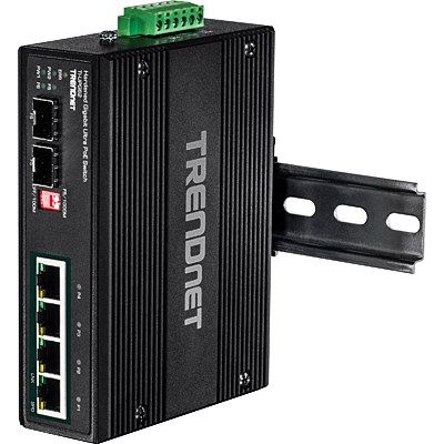 6. Przełącznik TRENDnet TI-UPG62 - Niezarządzalny - 4 x 10/100/1000 (PoE+) + 2 x Gigabit SFP - Możliwość montażu na szynie DIN, Montaż na ścianie - PoE+ (240W) - DC