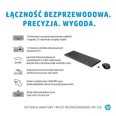 7. Zestaw klawiatura + mysz HP 330 Wireless Mouse and Keyboard Combo czarne 2V9E6AA