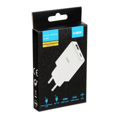 6. IBOX ŁADOWARKA UNIWERSALNA C-43 GAN PD30W SLIM USB A+C WHITE