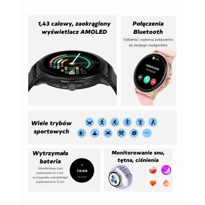 12. Smartwatch Damski GRAVITY GT12-7 Czarny Pasek Silikonowy + Srebrna Bransoleta