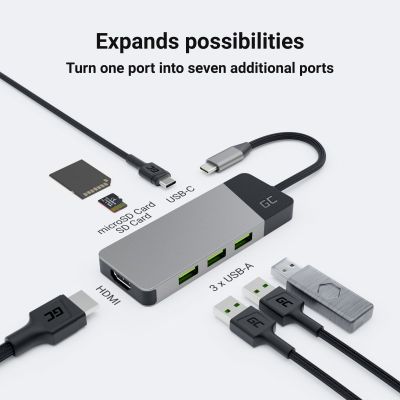 13. GREEN CELL HUB USB-C ADAPTER GC CONNECT 7W1 (3XUSB 3.1, HDMI 4K 60HZ, USB-C PD 85W, MICROSD/SD)