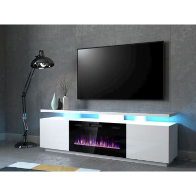 2. Szafka RTV EVA z kominkiem elektrycznym 180x40x52 biały/biały połysk