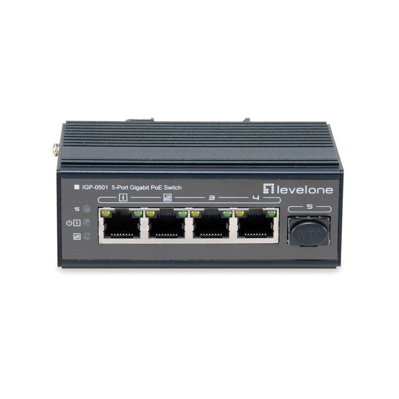 5-portowy gigabitowy przełącznik przemysłowy LevelOne - Szyna DIN - -30°C do 65°C - Gigabit Ethernet (10/100/1000) - Pełny dupleks - Power over Ethernet (PoE) - Uchwyt ścienny (IGP-0501)
